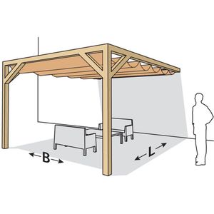 Houten aanbouw frame 370x370cm met Platinum Harmonicadoek zandkleur met 12x12cm geïmpregneerde palen