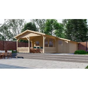 Blokhut 4x4+3Z Interflex 590x640x265cm met Veranda 300 cm + Zijaanbouw 150 cm Wanddikte 50 mm