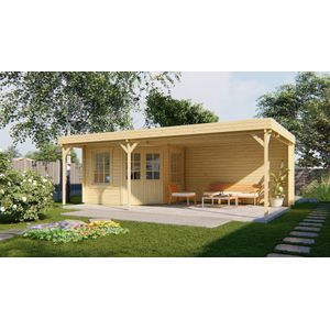 Houten blokhut Annette met Overkapping 300 + 400x400cm Wanddikte 40 mm onbehandeld Vuren