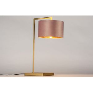 Messing tafellamp in strak design en met luxe velvet lampenkap in roze met koper