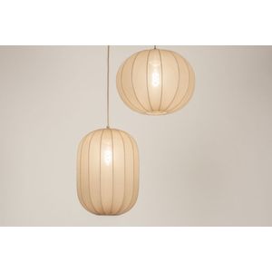 Dubbele hanglamp in japandi stijl met twee lampionnen van taupe stof