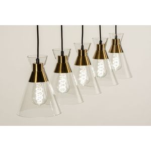 5-lichts hanglamp met conische heldere glazen en messing