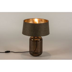 Luxe tafellamp van glas in donkerbruin met linnen lampenkap met gouden binnenkant