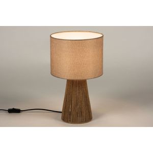 Beige tafellamp met voet van gevlochten touw en ronde kap van stof