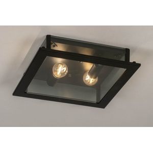 Vierkante plafondlamp in het zwart met rookglas