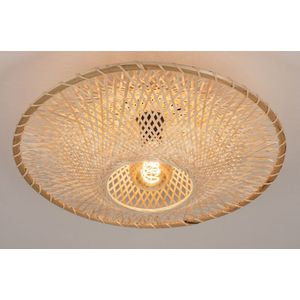 Platte, rieten, rotan plafondlamp in naturel kleur, geschikt voor led verlichting.