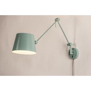 Blauwgroene verstelbare wandlamp met knikarm en lang snoer
