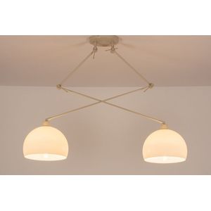 Verstelbare XL hanglamp met twee knikarmen en retro witte bollen