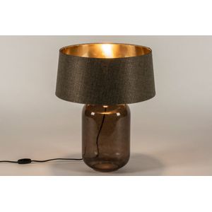 Grote tafellamp van glas in donkerbruin met linnen lampenkap en gouden binnenkant