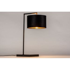 Strakke tafellamp met luxe lampenkap van fluweel in zwart met koperen binnenkant