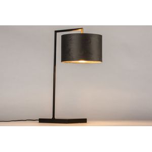 Zwarte tafellamp in strak design met luxe grijze velvet lampenkap