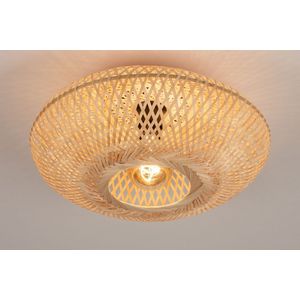 Platte, rieten, rotan plafondlamp in naturel kleur, geschikt voor led verlichting.