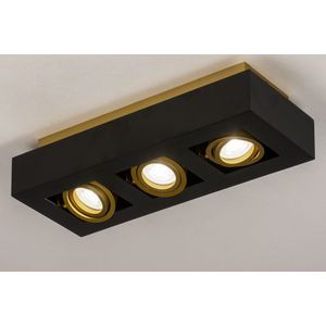 Zwarte, moderne plafondlamp met goudkleurige details, voorzien van drie verstelbare spots en geschikt voor vervangbaar led.
