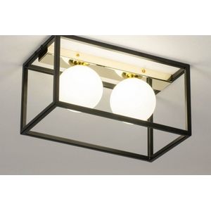 Plafondlamp in rechthoekig armatuur voorzien van twee glazen, witte bollen, geschikt voor led.