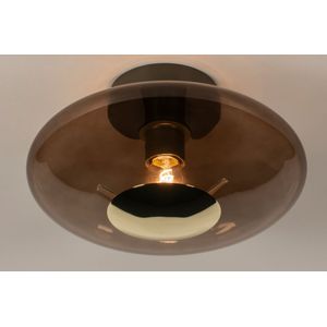 Ronde plafondlamp van bruin glas met detail in messing/goud