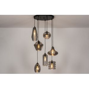 Glazen hanglamp / videlamp voorzien van zeven lampen gemaakt van rookglas, geschikt voor led.