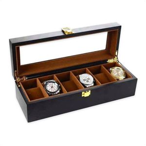 Luxe Houten Horloge Box - Geschikt voor Horloges en Sieraden - 6 Compartimenten met 6 Kussentjes - Zwart/Bruin