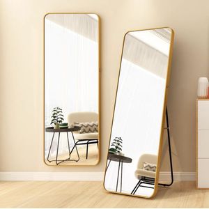 Buxibo Passpiegel - Minimalistische Design Wandspiegel - Staande Rechthoekige Spiegel met Metalen Rand - Modern - Kleedkamer Spiegel/ Badkamerspiegel - Goud - 60x170x3 CM