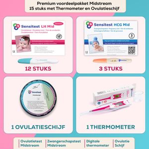 Voordeelpakket Luxe 12 ovulatie midstream, 3 Zwangerschapstest midstream, 1 thermometer en 1 ovulatieschijf