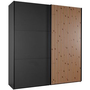Kledingkast Bakel - Spaanplaat - Zwart - 200x216x65 cm (BxHxD) - Schuifdeuren - Deur met 3D verticale houtlook lamellen