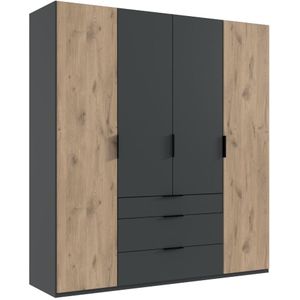 Kledingkast Almera - Spaanplaat - Grafiet/Eiken - 200x216x58 cm (BxHxD) - Draaideuren - 3 Lades