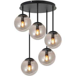Globe Cluster Design Hanglamp - 5-Lichts - Smoke Glazen - E27 Fittings - Rechthoekige plafondplaat