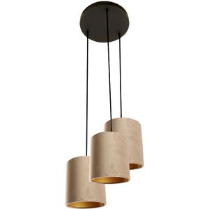 Zwarte ronde 3L hanglamp met 15 cm velours taupe/gouden lampenkappen