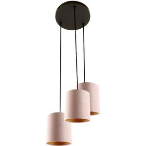 Zwarte ronde 3L hanglamp met 15 cm velours roze/gouden lampenkappen