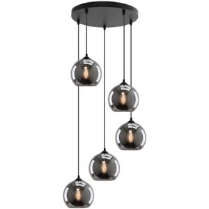 Zwarte hanglamp Giada, design, 5L rond rookglas