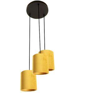 Zwarte ronde 3L hanglamp met 15 cm velours geel/gouden lampenkappen
