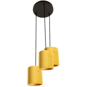 Zwarte ronde 3L hanglamp met 15 cm velours geel/gouden lampenkappen