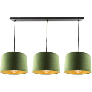 Zwarte 3L hanglamp met velours olijfgroen/gouden 30cm lampenkappen