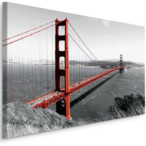 Schilderij - Golden Gate Bridge San Francisco, zwart-wit/rood, scherp geprijsd