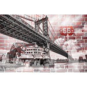 Fotobehang - Amerika, USA, Oldtimer, route66, Brooklyn Bridge, Op stenen achtergrond, 11 maten, incl behanglijm