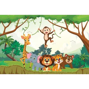 Fotobehang - Blije dieren in de Jungle, Kinderkamer, te koop in 11 maten, inclusief behanglijm