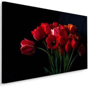 Schilderij - Rode tulpen zwarte achtergrond, premium print