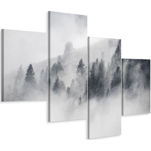 Schilderij - Mist in het bos, zwart/wit, 4 luik, premium print