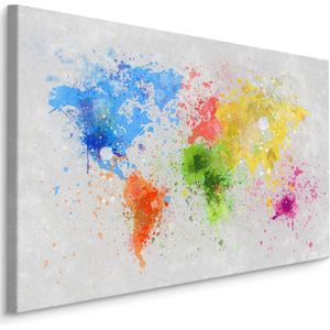 Schilderij - De wereld in Waterverf, Wereldkaart, premium Print