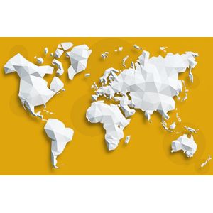 Schilderij - Geometrische wereldkaart, Geel, 2 maten, Premium print