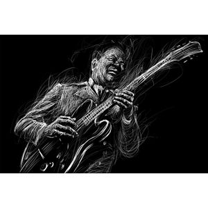 Fotobehang - Geschilderde blues muzikant in zwart en wit, Muziek, 11 maten, inclusief behanglijm
