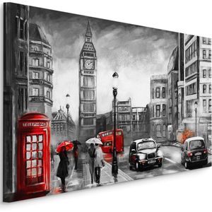 Schilderij - Regenachtige dag in Londen (print op canvas), zwart-wit/rood, 4 maten, premium print