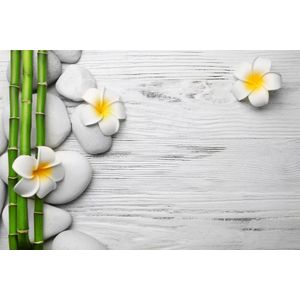 Fotobehang - Witte Planken met stenen en Bloemen, Spa, in 11 maten, inclusief behanglijm