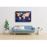 Schilderij - Wereldkaart in blauw en geel , 3 maten , Wanddecoratie