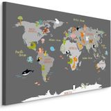 Schilderij - Wereldkaart met Dieren, Kinderkamer, Premium Print