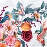 Fotobehang - Waterverf vogel tussen kleurrijke bloemen, 11 maten, Inclusief behanglijm, prachtig op de muur
