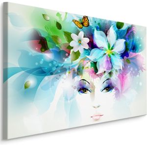 Schilderij - Gezicht van een Vrouw met Bloemen, Print op Canvas, Premium Print