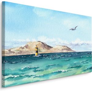 Schilderij Vuurtoren in de zee (print op canvas), blauw, premium print