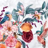 Fotobehang - Waterverf vogel tussen kleurrijke bloemen, 11 maten, Inclusief behanglijm, prachtig op de muur