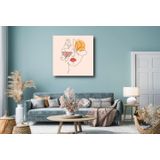 Schilderij - Line art Vrouw met Vlinders, rood/geel/roze, Premium Print
