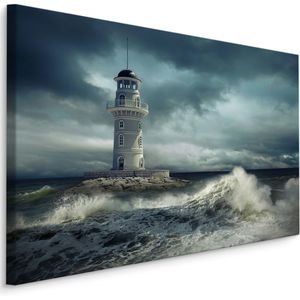 Schilderij - Vuurtoren in de storm, blauw/grijs, 4 maten, premium print